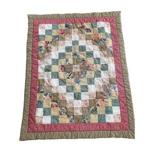 Floral pieced tied quilt pink Trip Around the World shabby chic lap blanket 36"